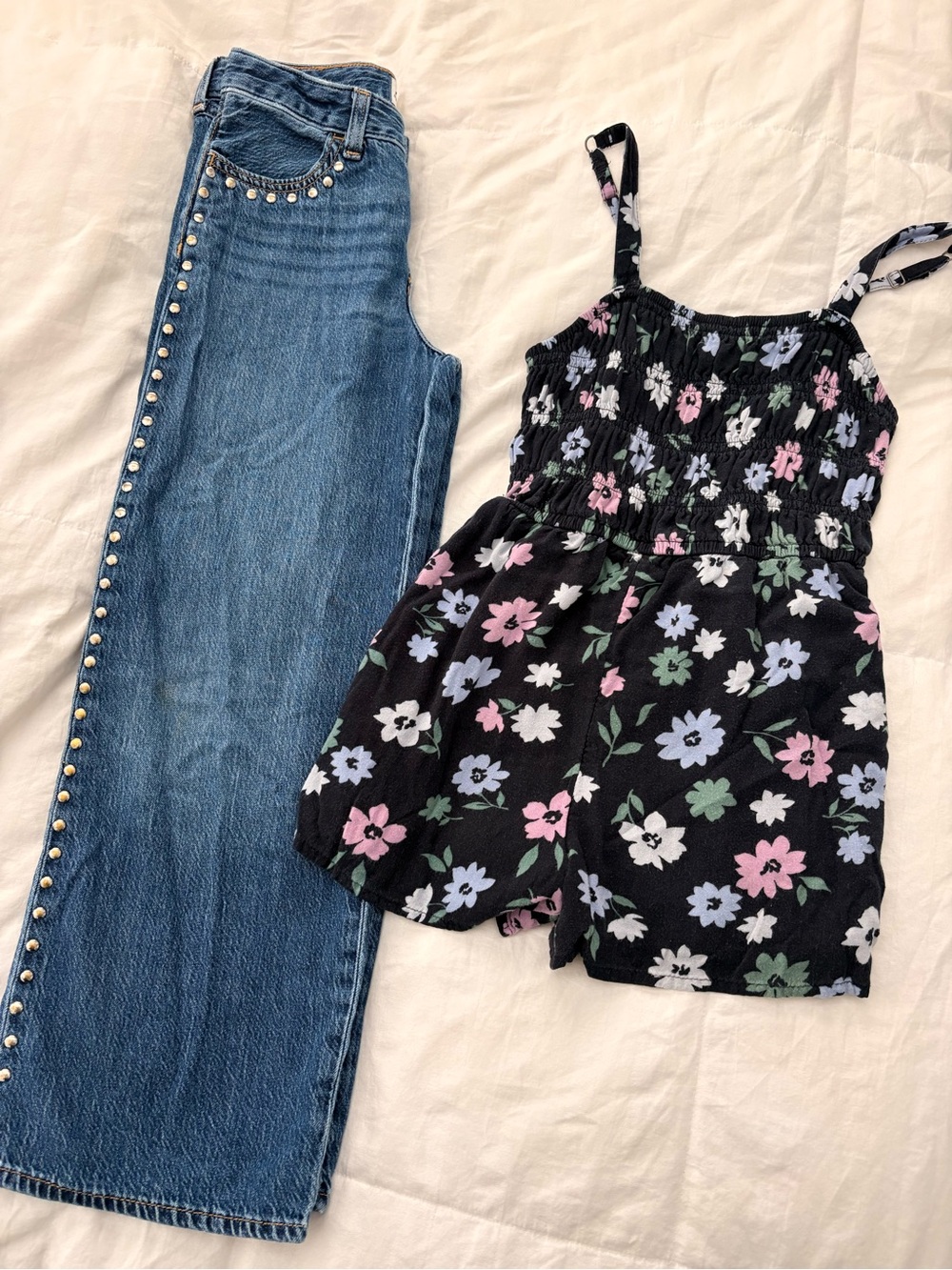 abercrombie kids Bundle - Black Floral Smocked Romper and Wide Leg Jeans
